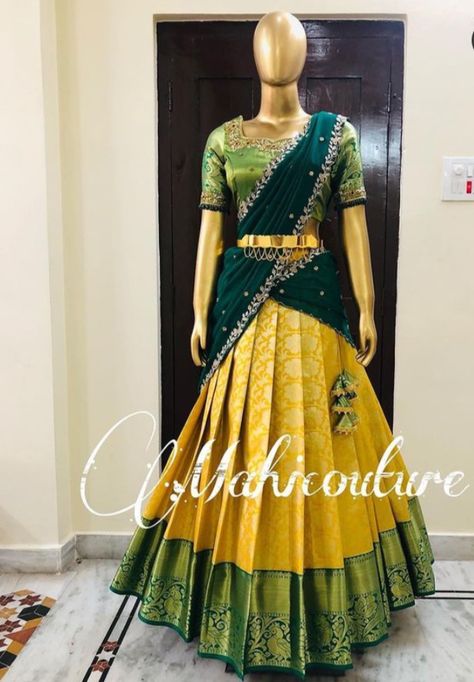 For orders what's app number 9515680282 Langa Voni Designs, Saree Pattu, Pattu Pavada, Silk Half Saree, Latest Blouse Neck Designs, Pavadai Sattai, Traditional Lehenga, Pattu Langa, Langa Voni