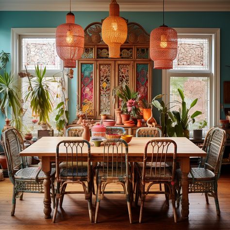 Boho Dining Room Round Table, Bohemian Dining Room Ideas, Maximalist Dining Rooms, Whimsical Dining Room, Eclectic Boho Home, Meta Coleman, Funky Dining Room, Bohemian Kitchen Decor, Boho Chic Kitchen