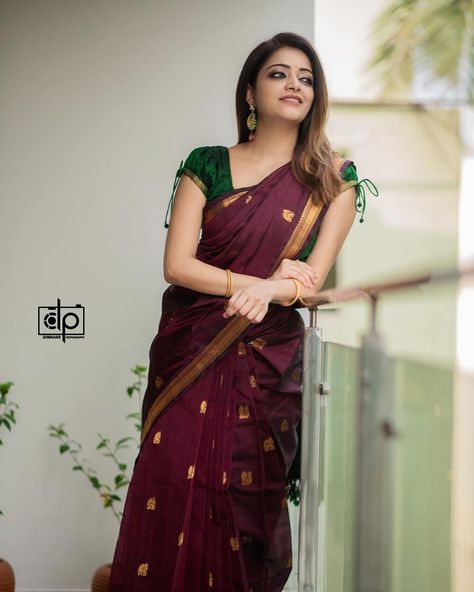 Maroon Half Saree, Janani Iyer, Short Sleeve Blouse Design, Blouse Designs High Neck, Saree Photos, Indian Bridal Sarees, Fashionable Saree Blouse Designs, Fancy Sarees Party Wear, Simple Blouse Designs