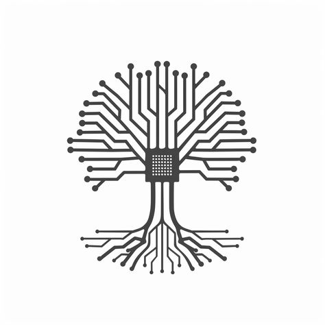 Design a simple logo, vector art logo, flat design, 2d, minimalist logo, wide branches, branches growing from the chip in the middle of crown, featuring a whole ash tree made of circuit board components with an extensive root network. A large chip in the middle of the crown. The roots also made of circuit board. The logo should be monochromatic using only black against a white background --v 6   --style raw Vector Art Logo, Roots Logo, Tree Logo Design, Group Project, Ash Tree, Tree Logo, Tree Logos, Tat Ideas, Tree Roots