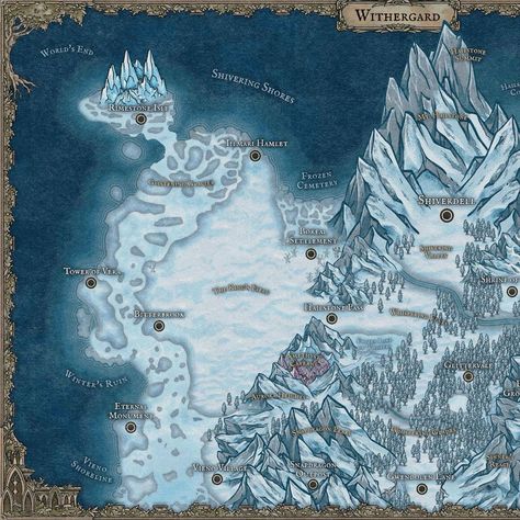 Welcome to Withergard, the land of everlasting Winter, located in the northwestern corner of the Kingdom of Eldwin . . . #Withergard #kingdomofeldwin #starlightsorcerer #winter #everlastingwinter #regionmap #inkarnate #fantasyworld #dnd5e #homebrew5e #dnd #fantasy Winter Dnd Map, Christmas Dnd, Winter Kingdom, Winter Dragon, Ice Kingdom, Fantasy Maps, Fantasy Concept, Dnd Maps, Rpg Map