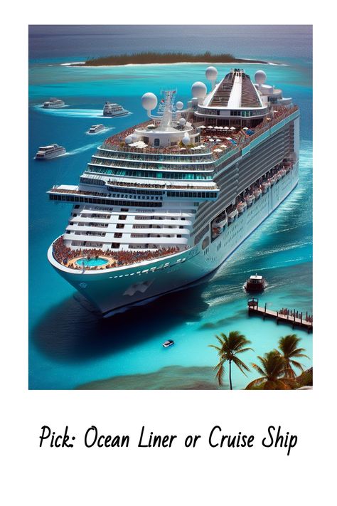 Large cruise ship sailing in a turquoise sea with smaller boats nearby and a tropical island in the background. Cruise Liner Luxury, Ocean Liner, Cruise Liner, Open Ocean, Cruise Tips, Island Hopping, Pool Decks, Cruise Travel, Royal Caribbean