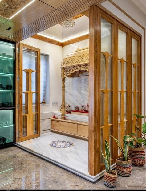 Mandir In House Puja Room, Puja Corner In Living Room, South Indian Mandir Design For Home, Pooja Interior Design, Indian Pooja Room Ideas, Temple In Living Room, Pooja Room Design Indian, Temple Room Interiors, Mandir Room Design