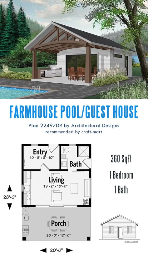 Among the variety of styles, this popular pool house floor plan may be the right plan for you. With 360 square feet of space, it can serve as a functional pool house to enjoy after a long day of work or a perfect place for occasional house guests. A beautiful outdoor kitchen has plenty of space for outdoor furniture and enjoying BBQs with friends by the pool. Small Pool House Floor Plans, Garden Shed Pool House, Shed To Pool House, Pool House Outdoor Kitchen, Pool Guest House Plans, Pool House Garage Combo, Pole Barn Pool House, Small Pool House Plans, Pool House With Bedroom