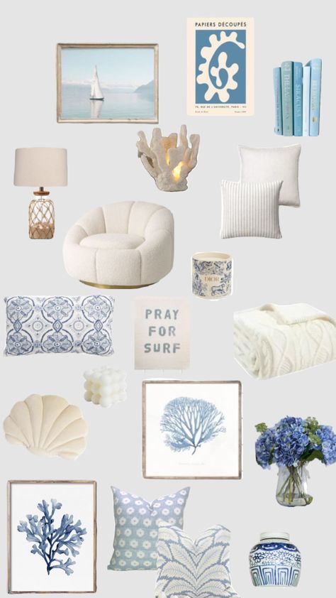 Ocean Theme Living Room Home Decor, Blue Themed Room Ideas, Room Ideas Costal Grandaughter, Coastal Grandmother Room Decor, Coastal Granddaughter Home Decor, Costal Granddaughter Aesthic Room Ideas, Coastal Room Decor Bedroom, Sea Salt Sand Room Aesthetic, Coastal Room Inspiration