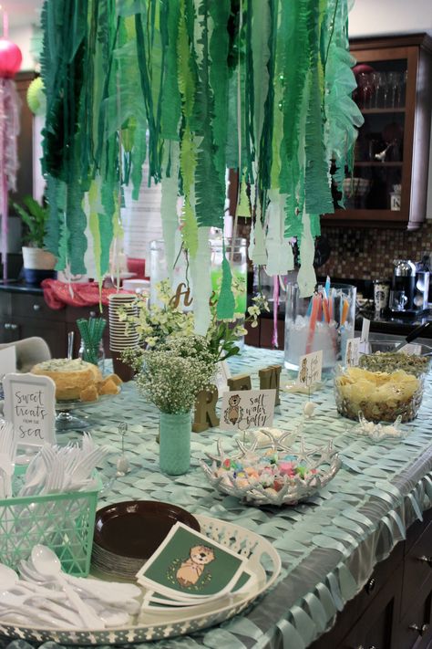 Drew's Sea Otter birthday party! Seaweed made from hula hoops, ribbon, tulle, and streamers Turtle Theme Birthday Party, Marine Biology Party, Sea Turtle Birthday Party Ideas, Underthesea Birthday Party, Sea Turtle Themed Birthday Party, Seaweed Party Decoration, Sea Turtle Party Ideas, Otter Themed Party, Turtle Themed Birthday Party Decorations