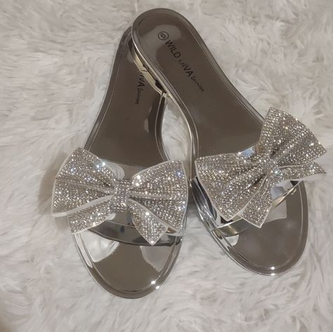 Shop bellasclosetbtq's closet or find the perfect look from millions of stylists. Fast shipping and buyer protection. Silver Rhinestone Bow Slide Sandals Size 5&6 NWB Cute Sparkly Sandals, Fancy Flats For Prom, Dresses And Sandals Outfit, Cute Sandals For Dresses, Cute Graduation Shoes, Flat Fancy Shoes, Sparkle Chanclas, Prom Shoes Flat, Sparkly Chanclas