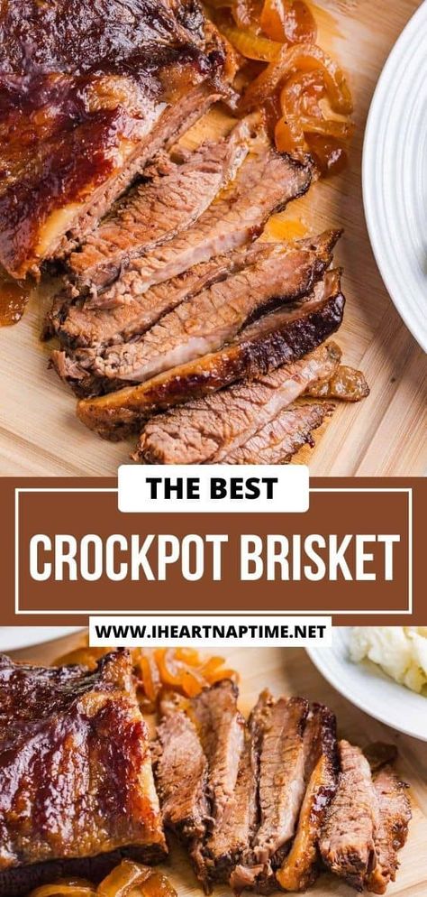 This crockpot brisket recipe is fall-apart tender with crispy caramelized edges smothered in tangy BBQ sauce! Pile high on a bun or serve with mashed potatoes. Flat Brisket Recipes, Crock Pot Brisket, Crockpot Brisket, Brisket Recipes Crockpot, Slow Cooker Brisket Recipes, Brisket Crock Pot, Brisket Tacos, Slow Cooker Brisket, Brisket Recipe