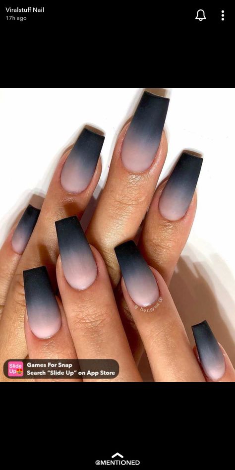 Nice And Black Nails, Black Gel Nail Designs Coffin, Gray Ombre Dip Nails, Goth Ombre Nails, Black And Pink Ombré Nails, Matte Black Ombre Nails, Black And Grey Ombre Nails, Black Smokey Nails, Black And Purple Ombre Nails