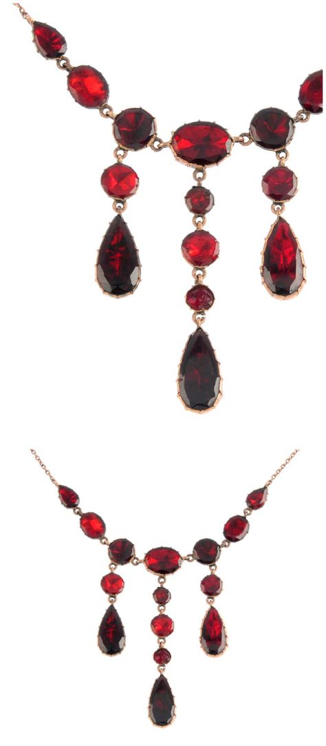 A beautiful antique foiled-back garnet necklace. Agate Rings, Pearl Neck, Georgian Jewelry, Modern Jewellery, Jewelry Board, Jewelry Auction, Garnet Necklace, Art Deco Necklace, Garnet Jewelry