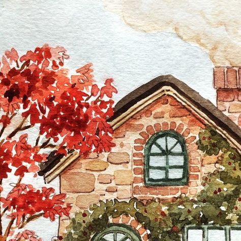 Watercolour Cottage Painting, Home Watercolor Painting, Watercolor Stone House, House Watercolor Illustration, Watercolor Cobblestone, Nianiani Watercolor, Acotar Watercolor, Watercolor Buildings Easy, Watercolour Writing