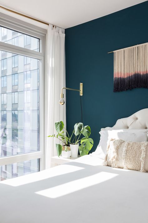 Step Inside Katie Klencheski’s Insanely Cool Brooklyn Apartment #theeverygirl Teal Bedroom Walls, Dark Teal Bedroom, Teal Accent Walls, Small Bedroom Decor Ideas, Teal Bedroom, Brooklyn Apartment, Bedroom Wall Colors, Small Bedroom Decor, Bedroom Color Schemes