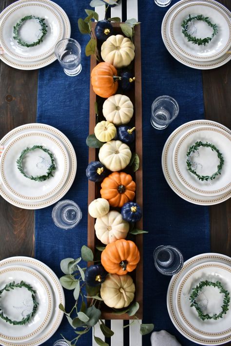 Create a colorful Thanksgiving Tablescape with navy blue and burnt orange Blue And Orange Fall Decor, Blue Thanksgiving Table, Thanksgiving Dinner Table Setting, Orange Fall Decor, Thanksgiving Table Centerpieces, Blue Thanksgiving, Colorful Thanksgiving, Thanksgiving Decor Ideas, Blue Fall Decor