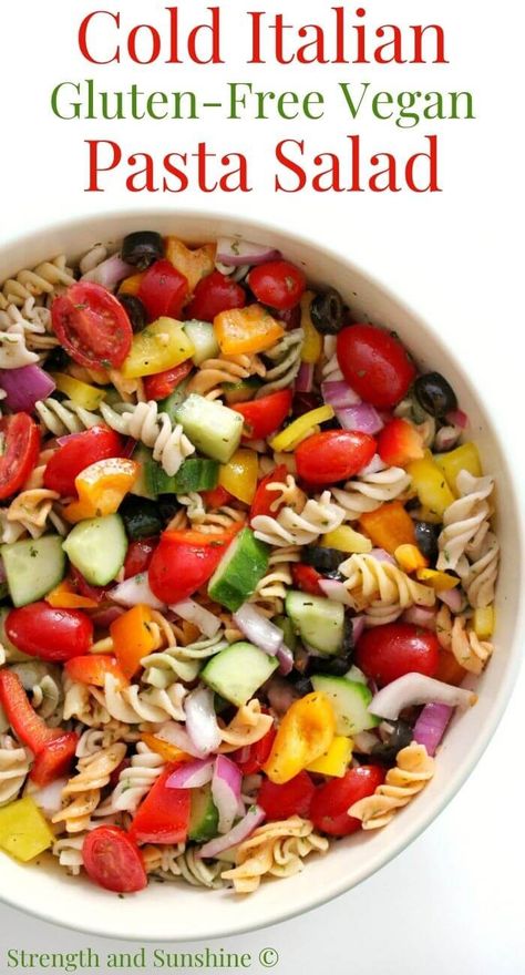 Cold Italian Pasta Salad (Gluten-Free, Vegan, Allergy-Free) | Strength and Sunshine | A Classic Italian Pasta Salad that's gluten-free, vegan, and allergy-free! The cold pasta salad you love, with tri-colored pasta, fresh veggies, and a healthy homemade Italian dressing! A super easy and quick meat-free vegetarian and dairy-free recipe that's a perfect side dish to feed any crowd! #pastasalad #coldpastasalad #summerrecipes #sidedish #glutenfreepasta #italianrecipe #veganpasta Pasta And Veggie Salad, Pasta Salad Recipes Without Cheese, Pasta Salad Gluten Free Dairy Free, Vegan Gluten Free Pasta Salad, Gluten Free Italian Pasta Salad, Pasta Salad Recipes Gluten Free, Gluten And Dairy Free Pasta Salad, Pasta Salad Without Meat, Gf Df Pasta Salad