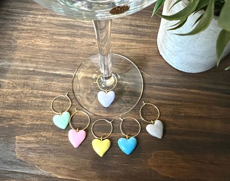 Wine Glass Charms, Heart Wine Glass Charms, Polymer Clay Wine Charms, Handmade Personalized Wine Glass Charms, Gold/Silver Stainless Steel by HedgieMommas on Etsy Polymer Clay Wine Charms, Clay Wine Charms, Clay Hearts, Wine Glass Markers, Clay Inspo, Personalized Wine Glass, Glass Charms, Wine Glass Charms, Personalized Wine