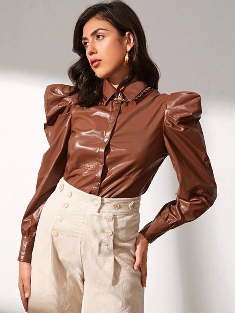 SHEIN Collared Buttoned Front Leg-of-mutton Sleeve PU Leather Blouse Leather Blouse Outfit, Blouse Outfit Casual, Digital Marketing Courses, Leather Blouse, Tops Shein, Leg Of Mutton Sleeve, Modest Tops, Women's Blouses, Collars For Women