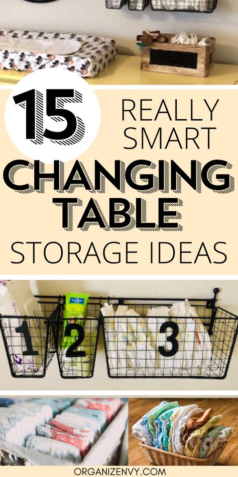 Images of organized changing tables and ideas for diaper storage in a baby nursery. Changing Station Wall Storage, Changing Table Baskets, How To Organize Changing Table, Changing Table Organization Baskets, Diy Changing Station, Changing Table Organizer, Organizing Changing Table, Toddler Changing Station Ideas, Diaper Changing Table Organization