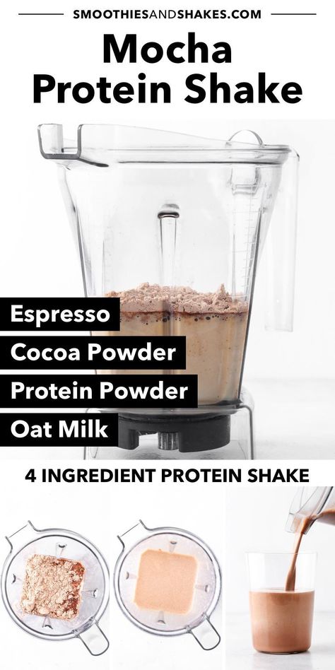 For a quick and easy post-workout snack, try this mocha protein shake. It’s healthy and made with just 4 ingredients in 2 minutes, but it tastes like a rich dessert. #mochaproteinshake #mocha #smoothies #proteinshakes #smoothierecipes Protein Shake With Espresso, Espresso Protein Shake, Mocha Protein Shake, Breakfast Drinks, Protein Powder Shakes, Post Workout Snacks, Rich Desserts, Mocha Latte, Espresso Drinks