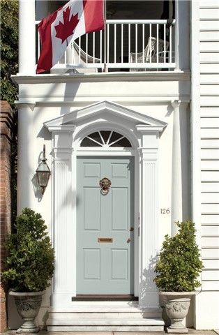 Benjamin Moore Beach Glass, Benjamin Moore Exterior Paint, Benjamin Moore Green, Benjamin Moore Blue, Benjamin Moore Exterior, Wythe Blue, Yellow Front Doors, Blue Front Door, Front Door Paint Colors