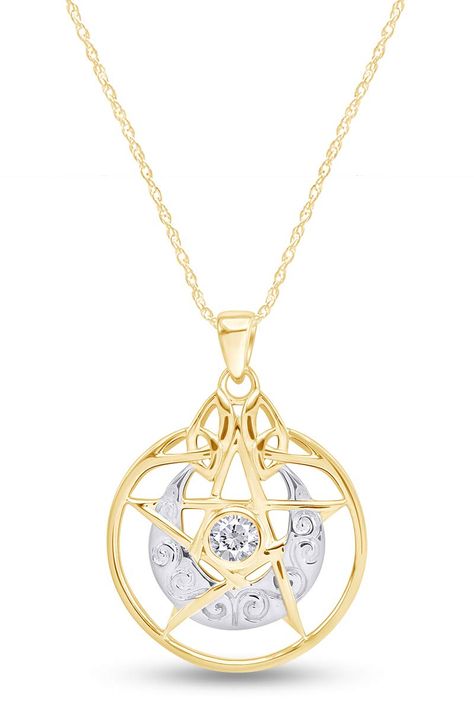 PRICES MAY VARY. Adds A Touch Of Nature-Inspired Beauty To Your Look Crescent Moon Pentacle Pentagram Pendant Necklace In 14k Yellow Gold Over Sterling Silver a Standout Addition to Your Collection With Round Cut White Cubic Zirconia Round Cut White Cubic Zirconia Having Clarity Of VVS1-VVS2, White Color, With Bezel Setting This beautiful Pendant is suspended from a 18" Chain with a durable Spring Ring Clasp Perfect gift idea for Christmas, party, wedding, engagement, anniversaries, graduations, Moon Pentacle, Pentagram Pendant, Valentines Day Gifts For Her, Broken Chain, Valentines Jewelry, 925 Sterling Silver Jewelry, Crescent Moon, Bezel Setting, Spring Rings