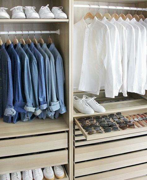 Mens Closet Organization, Men Minimalist Fashion, Men Lifestyle, Minimal Wardrobe, Minimalist Fashion Men, Men Closet, Bedroom Armoire, Mens Fashion Blog, Wardrobe Closet