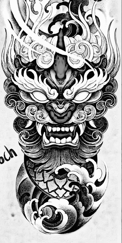 Stomach Tattoo Men Ideas, Komainu Tattoo, Japanese Forearm Tattoo, Calf Tattoo Ideas, Foo Dog Tattoo Design, Half Sleeve Tattoos Sketches, Samurai Tattoo Sleeve, Foo Dog Tattoo, Tattoo Japanese Style