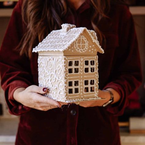 DIY Gingerbread House (Faux) - Chris Loves Julia Paper Mache Gingerbread House, Diy Fake Gingerbread House, Fake Gingerbread House Diy, Faux Gingerbread House Diy, Gingerbread House Glue, Faux Gingerbread House, Diy Gingerbread House, Faux Gingerbread, Seasonal Quilts