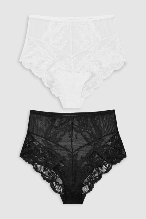 Stock-up on your underwear staples with this 2-pack of classic knickers, featuring a high waist and a high-cut leg, finished with intricate lace detailing. Machine washable. 2 x Knickers Main 85% Nylon, 15% Elastane. Gusset 100% Cotton. Lingerie Drawer, Lace Set, Best Wear, Black And White Colour, Lingerie Collection, Comfortable Fashion, Black Noir, Briefs, Next Uk