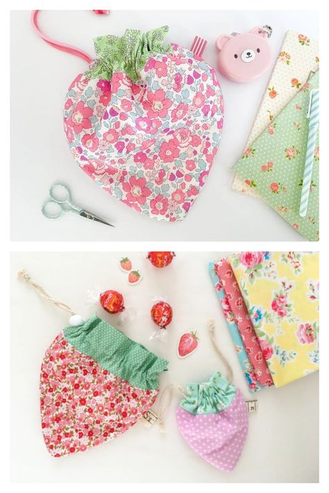 Strawberry Treat Bags Sewing Patterns | Fabric Art DIY Bag Sewing Patterns, Drawstring Bag Diy, Fabric Art Diy, Sewing Tutorials Bags, Drawstring Bag Pattern, Diy Sewing Gifts, Bags Sewing, Drawstring Gift Bag, Sewing To Sell