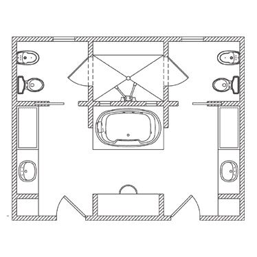 Bathroom with all the elements I want. 2 water closets with toilet and bidet. Large shower. Beautiful bath. 2 sinks with large tops and lots of storage a vanity table, the only thing missing is seating, a large chaise or daybed. His And Her Bathroom Ideas, Bathroom Layout Ideas Floor Plans, Master Bath Layout, Bathroom Layout Ideas, His And Hers Bathroom, Mold In Bathroom, Bathroom Plans, Bathroom Floor Plans, Tub Ideas