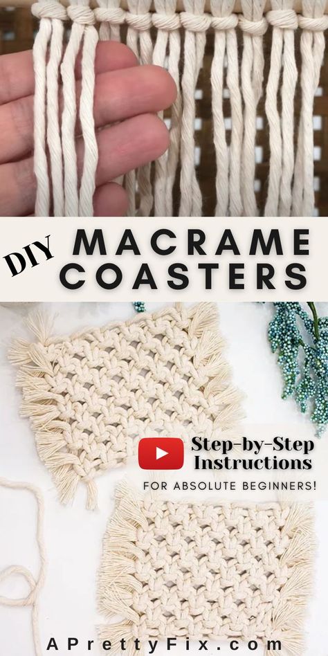 Using just 1 macrame knot, learn how to make these modern, boho-style macrame coasters. Full video instructions for absolute beginners. #diy #macrame Basic Macrame, Macrame Coasters, Crochet Macrame, Macrame Plant Hanger Tutorial, Simple Macrame, Macrame Knots Pattern, Macrame Wall Hanging Diy, Diy Coasters, Macrame Knot