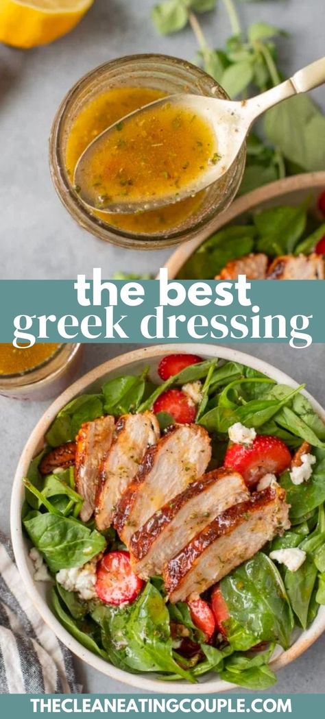 This Homemade Greek Salad Dressing Recipe is easy to make and delicious! Done in under 5 minutes - it's the best greek dressing recipe! Greek Salad Dressing Recipe Authentic, Homemade Greek Dressing Healthy, Best Creamy Greek Salad Dressing, Greek Dressing Recipe, Healthy Dressings For Salads, Home Made Greek Dressing Salad, Simple Greek Dressing, Healthy Greek Salad Dressing, Greek Salad Dressing Recipe