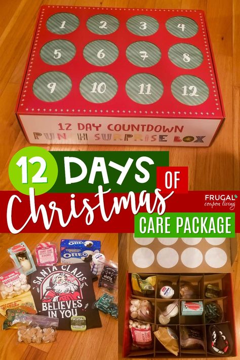 How fun is this 12 Days of Christmas Care Package for a College Student? Send a sweet Christmas punch box via USPS, FedEx or UPS delivery. It's a cute Punch Advent Calendar Idea that converts to 12 adorable Christmas gift ideas for college students. Fill with edible Christmas gifts or seasonal ideas. #FrugalCouponLiving #Carepackageideas #carecpackage #giftideas #giftideasforcollegestudents #adventcalendar #12daysofchristmas #giftideasforstudents #christmasgiftideas #punchboxMore Christmas Punch Box Diy, Christmas Box For College Student, 12 Days Of Christmas College Care Package, College Student Advent Calendar, Punch Box Christmas Gift Ideas, Punch Gift Ideas, 12 Days Of Christmas Care Package, Christmas College Care Package Ideas, Missionary Advent Calendar Ideas