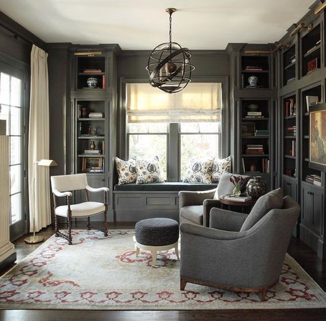 3,450 Likes, 39 Comments - Benjamin Moore (@benjaminmoore) on Instagram: “Kendall Charcoal HC-166 makes this room rich, deep, and luxurious when paired with white room…” Gray Study, Connecticut House, Floor To Ceiling Bookshelves, Dark Accent Walls, Beach Drive, Piano Room, Home Library Design, Room Remodel, Home Libraries