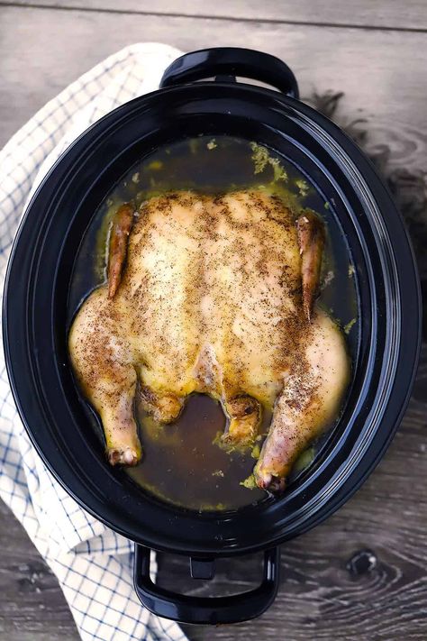 This easy slow cooker whole chicken recipe lets your crockpot do all the work for you! Only five minutes of prep and TWO ingredients for super juicy, tender, moist chicken (and chicken stock!) every time. Perfect for meal prep! #slowcookerchickenrecipes #wholechicken #easychickenrecipes #slowcookerchicken Slow Cook Whole Chicken, Comfort Food Chicken, Cooking Whole Chicken, Whole Chicken Recipes, Homemade Chicken Stock, Seasoned Chicken, Dump Meals, Fried Chicken Breast, Crockpot Recipes Beef