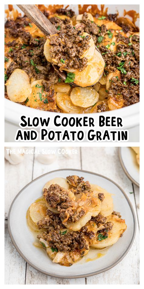 This Slow Cooker Beef and Potato Au Gratin is an easy from-scratch hearty meal! Beef And Potato Au Gratin, Slow Cooker Easy Recipes, World Dessert Recipes, Potatoes Slow Cooker, Potato Au Gratin, Potato Ideas, Hamburger Meals, Slow Cooker Easy, Slow Cooker Ground Beef