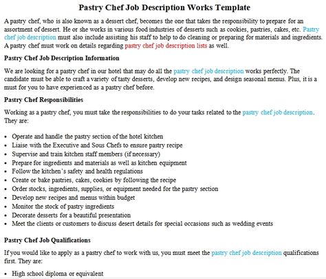 Pastry Chef Job Description Works Template Chef Job Description, Chef Job, Chef Jobs, Job Vacancy, Sous Chef, New Menu, English Letter, Baking And Pastry, Executive Chef