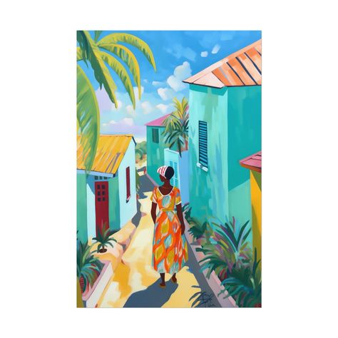 Haiti Art Poster Print of Lady Walking Haitian Houses in Aqua by WestIndiesArtCo on Etsy Haiti Art, Lady Walking, Caribbean Culture, Caribbean Art, Tropical Sunset, Palm Fronds, Cozy Nook, Limassol, Island Life