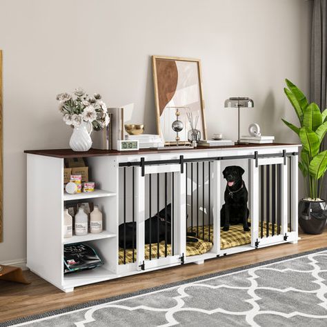 Tucker Murphy Pet™ Furniture Style Wooden Dog Crate With 3 Drawer 32”X95”X23” | Wayfair Room Seperator, Xxl Dog Crate, Large Dog Crate Furniture, Dog Kennel End Table, Double Dog Crate, Furniture Style Dog Crate, Crate End Tables, Wooden Dog Kennels, Wooden Dog Crate