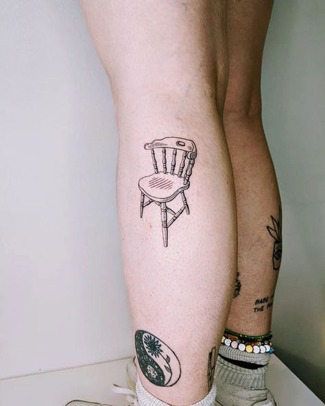 Calf Tattoo Designs, Walk In Tattoo Ideas, Calf Tattoo Ideas, Chair Tattoo, Shiny Eevee, Mac Miller Tattoos, Jean Michel Basquiat Art, Tattoo Chair, Idea Tattoo