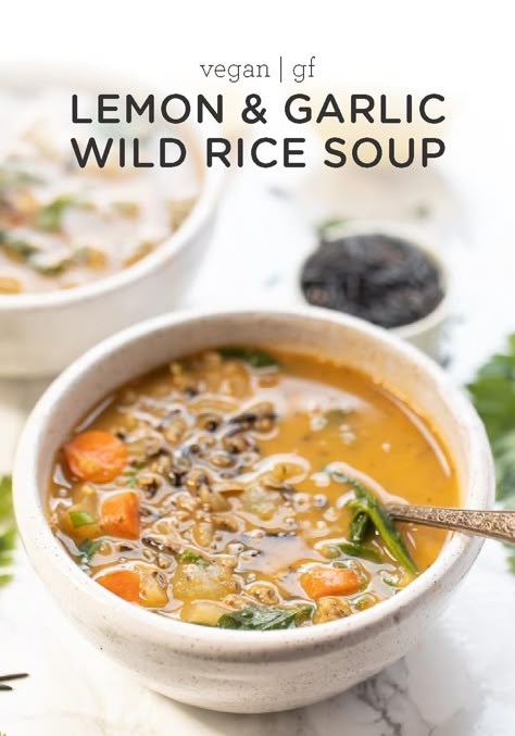 A flavorful WILD RICE SOUP that is packed lemon and garlic. It's nourishing, bright and makes the perfect cozy winter meal. #soup #wildricesoup #lemon #garlic #lemongarlicwildrice #souprecipes #recipe #dinner #lunch #food #simplyquinoa #healthydinner #healthysoup #healthylunch Lemon Wild Rice Soup, Vegan Nightshade Free Recipes, Nightshade Free Soup, Wild Rice Soup Recipes, Rice Soup Recipes, Simply Quinoa, Soup Vegan, Healthy Recipes Easy, Wild Rice Soup