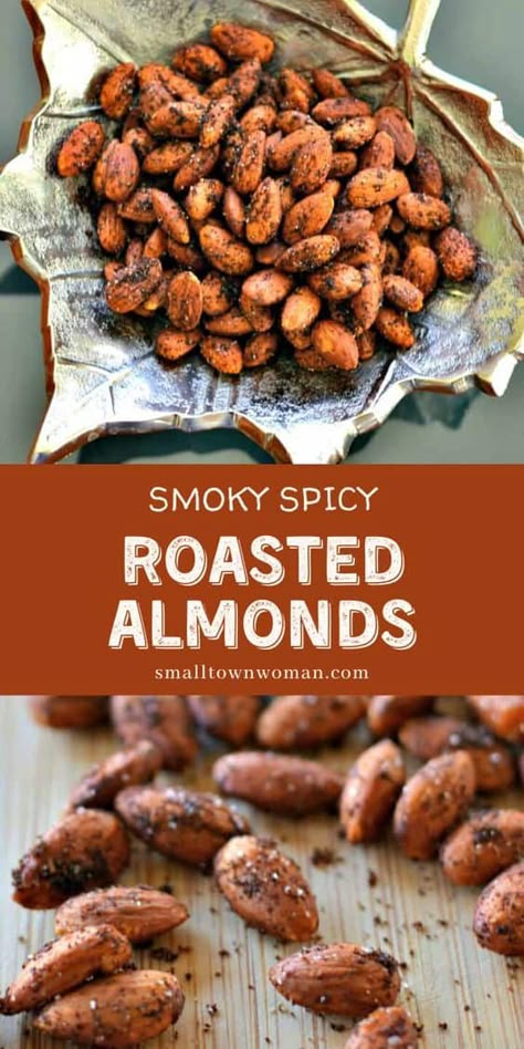 Quick and Easy Smoky Spicy Roasted Almonds are seasoned perfectly with chili powder, cumin, cayenne, onion, and garlic, making the best savory almond recipes in less than 30 minutes! It's the perfect snack for carb and sugar watchers. Save this pin! Spicy Roasted Almonds, Roasted Almonds Recipe, Spicy Almonds, Spiced Almonds, Nut Recipes, Roasted Nuts, Raw Almonds, Roasted Almonds, Almond Recipes