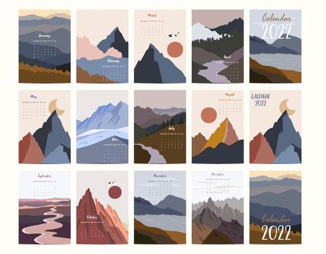 2022 table calendar week start on sunday... | Premium Vector #Freepik #vector #background #calendar #travel #badge Calendar Design Background, Calendar Theme Design, Travel Calendar Design, 2023 Calendar Landscape, Monthly Planner Landscape, Table Calendar, Landscape Calendar, Weekly Calendar, Boho Feathers