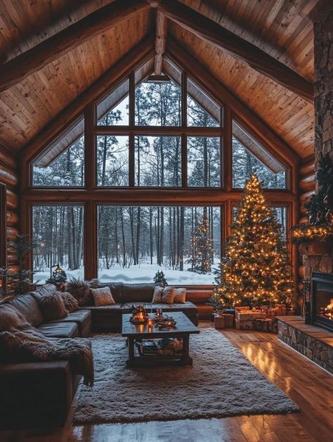 Attractive Log Cabins Cozy Cabin Layout, Cute Log Cabin, Winter Cabin Aesthetic Interior, Bloxburg Cabin, Cosy Log Cabin, Cabin Interiors Cozy, Cabin Big Windows, Log Cabin Homes Interior, Log Cabin In The Snow