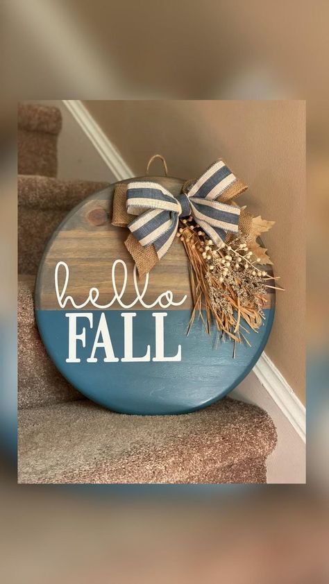 Door hanger, hello fall, wood round | Door signs diy, Circle crafts, Cricut crafts Vinyl Door Hanger, Fall Front Door Hanger, Fall Wood Door Hangers, Round Wooden Sign Ideas, Circle Wood Signs, Circle Wood Signs Diy, Fall Round Wood Signs, Circle Door Hangers, Wooden Circle Crafts