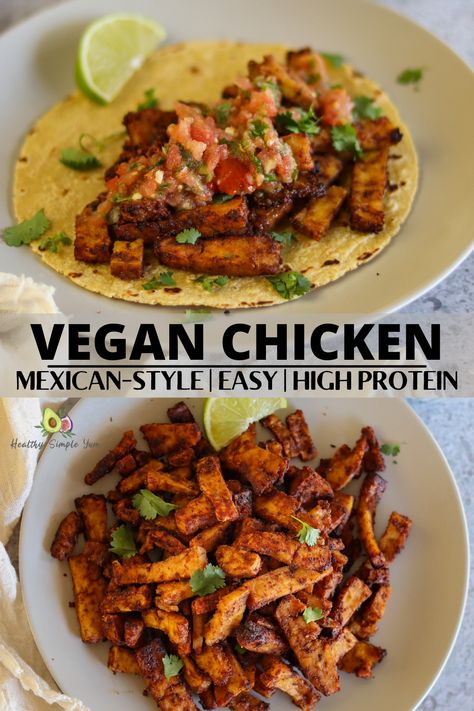 The best vegan chicken recipe out there! Vegan pollo asado translates to vegan grilled chicken in English. This Mexican vegan pollo asado recipe will make any meat-eater want to go vegan; the texture is surprisingly close to chicken, it is flavorful, slightly smokey, and perfectly tasty. Perfect plant-based option to add to tacos, burritos, and salads! Vegan Grilled Chicken, Vegan Dinner Options, Vegan Chicken Quesadilla, Vegan Chicken Tacos, Vegan Chicken Recipes Dinners, Plant Based Chicken Recipes, Protein Veggie Meals, Best Vegan Chicken, Pollo Asado Recipe