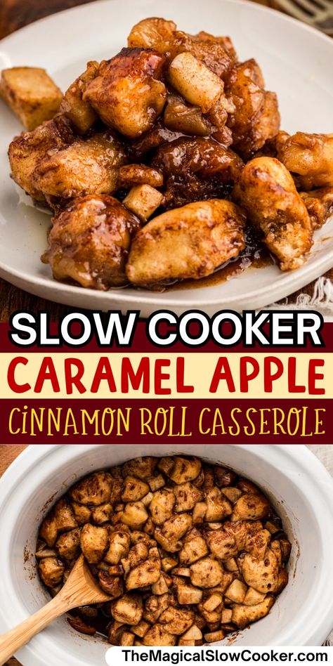 Slow Cooker Caramel Apple Cinnamon Roll Casserole Crockpot Apples And Cinnamon Rolls, Sweet Breakfast Casserole Crockpot, Slow Cooker Cinnamon Roll Casserole, Apple Carmel Rolls, Crockpot Cinnamon Rolls With Apples, Cinnamon Roll Casserole Crockpot, Crockpot Cinnamon Apples, Crockpot Baking, Apple Cinnamon Roll Casserole