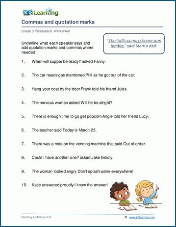 Dialogue and quotation marks worksheets. Dialogue is set of from other words in a sentence by quotation marks; the associated use of commas can be confusing. In these worksheets, students add quotation marks and commas to dialogue. Free reading and math worksheets from K5 Learning; no registration required. Consonant Blends Worksheets, Human Body Worksheets, Punctuation Worksheets, Cursive Writing Worksheets, 3rd Grade Writing, Grade Spelling, 2nd Grade Math Worksheets, 2nd Grade Worksheets, Kindergarten Resources