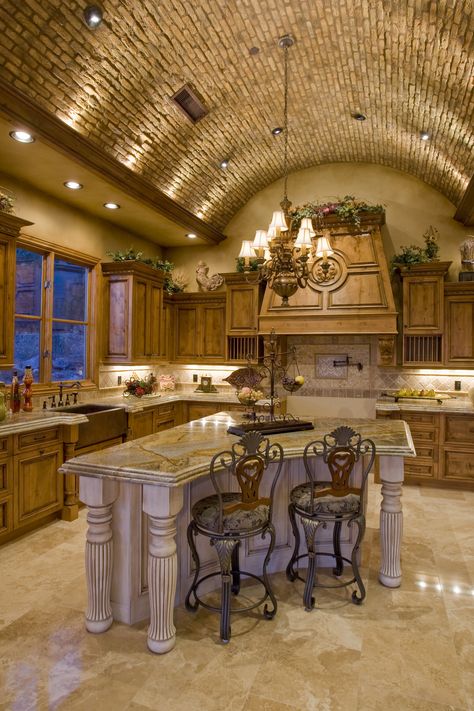 kitchen with brick barrel ceiling. Brick Ceiling Kitchen, Barrel Ceiling Kitchen, Barrel Ceiling Ideas, Kitchen Design Tuscan Style, Brick Arch Into Kitchen, Brick Arch Over Kitchen Stove, Kitchen With Brick Arch Over Stove, Tuscan Kitchen Backsplash Ideas, Brick Barrel Ceiling