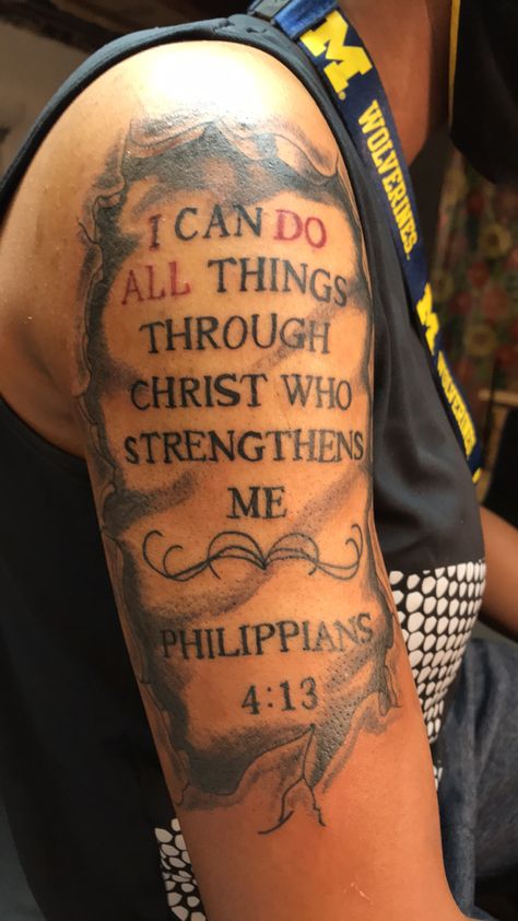 Philippians 4 13 Tattoos, Phillipians 4 13 Tattoo Design, Half Sleeve Tattoos For Men Lower Arm, Half Sleeve Tattoos For Men Upper Arm, Philippians 4 13 Tattoo, Tattoos Half Sleeve, Upper Half Sleeve Tattoos, Upper Arm Tattoos For Guys, Baddie Tattoos